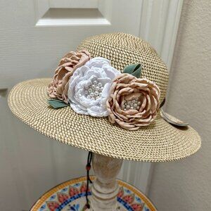 New Elegant Women's Tweed Sun Hat With Satin Flowers And Pearls Special Event